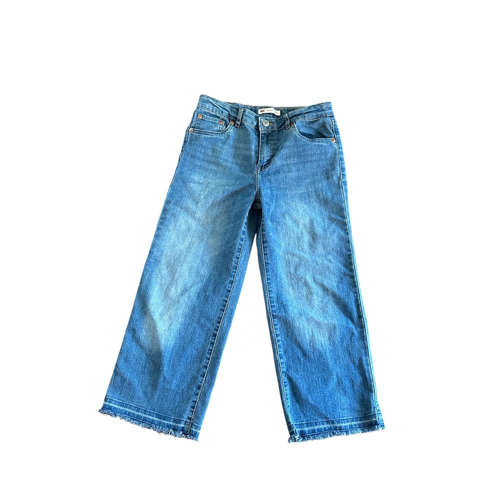 Levis Girls Blue Cropped Wide‎ Leg Jeans Raw Hem Size 14 Reg Medium Wash